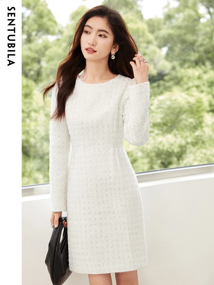 SENTUBILA Elegant Sequin Tweed Dresses Women O-Neck Fashion Knee Length Office Lady Long Sleeve Straight Dress Woman 134L52297 240824