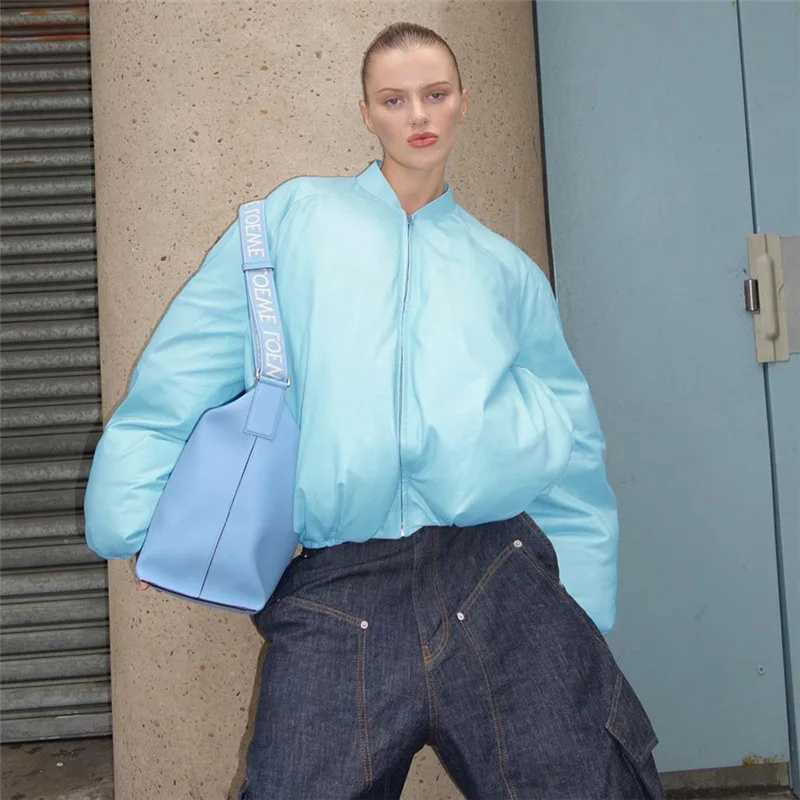 Women's Down Parkas Women Sky Blue Bread Jacket Baseball Puffer Jackets Cute Warm Thick Bubble Coats Bomber Parkas Jacket Zipper Puff Parkas Down