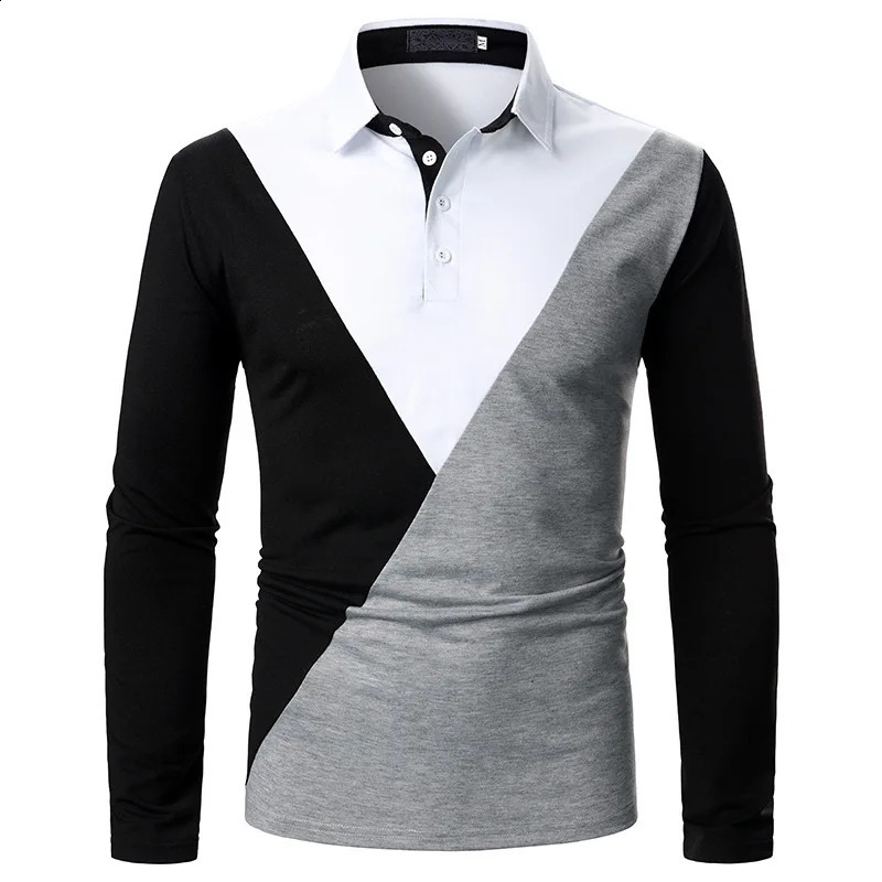 Mens polo shirt with tricolor fabric diagonal neckline fashionable lapel long sleeved zipper 240823