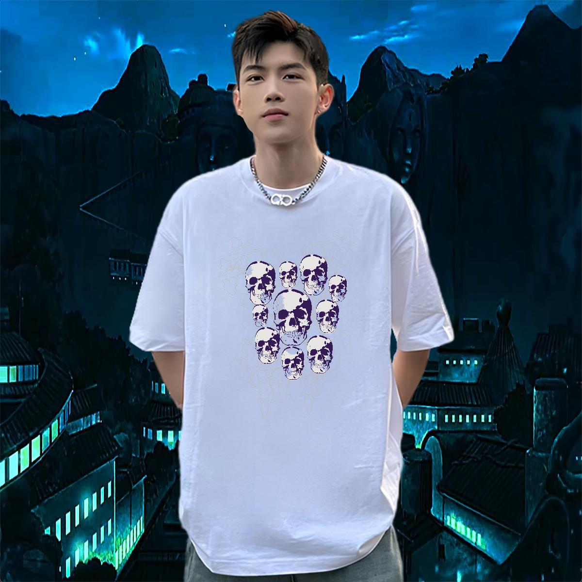 High Quality Man T Shirts 230g Pure Cotton skull Street White Plus Size Round Neck Short Sleeve Tshirt for Man Woman Fashion New Tops Shirt