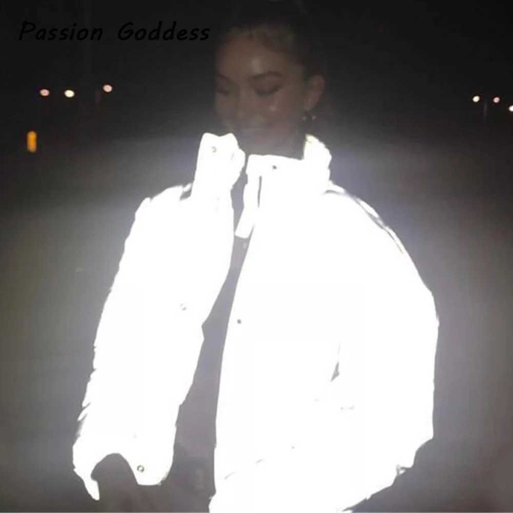 Women's Down Parkas Winter Women Reflective Parkas Down Jackets Thick Oversized Cool Bling Luminous Overcoats Down Jacket Chaquetas Mujer Inviern