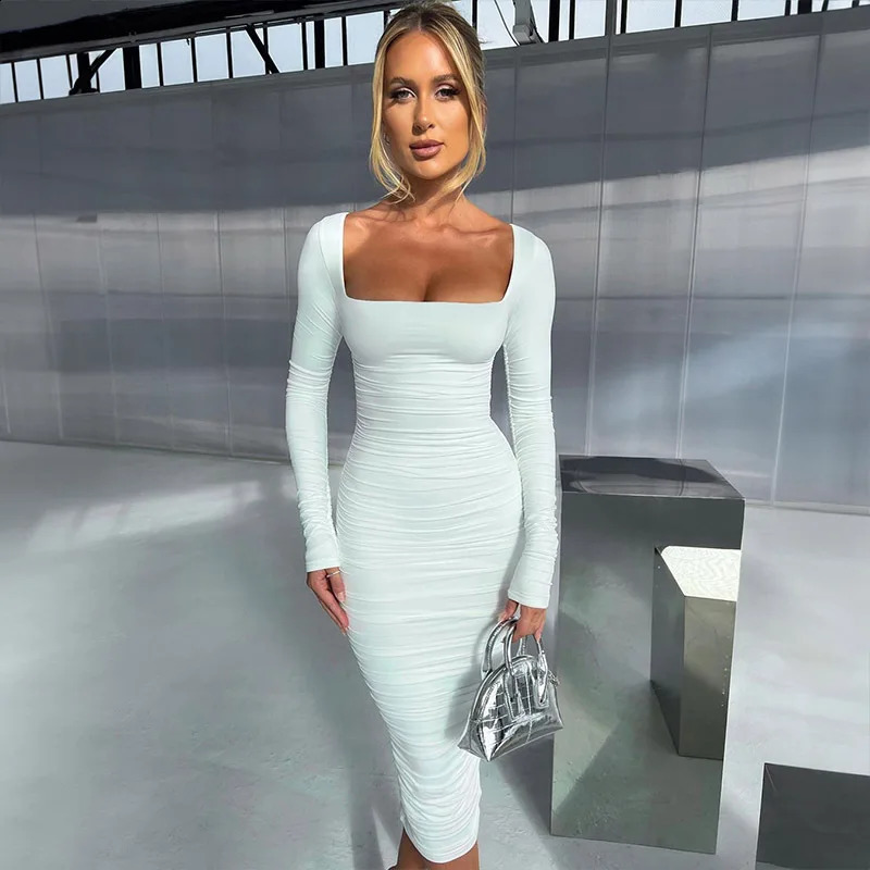 Autumn Winter White Pleated Square Collar Long Sleeve Dress Women Sexy Slim Elastic Bodycon Party Midi Dresses Vestidos 830 240823