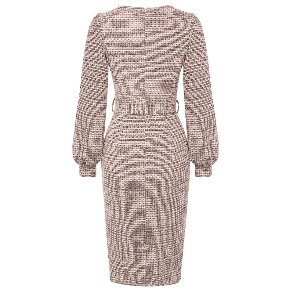 Jasambac Women Tweed Dress Autumn Korean Style OL Elegant Long Sleeve Hips-wrapped Crew Neck Back Slit Bodycon Dress With Belt 240824