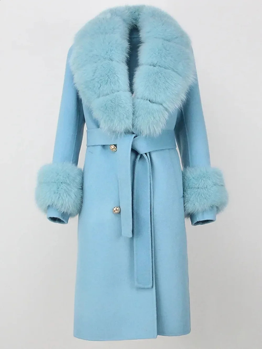 Real Fur Coat Long 2024 Winter Jacket Womens Natural Wool Blended Cashmere Double Chest Strap Warm Streetwear Fashion 240824