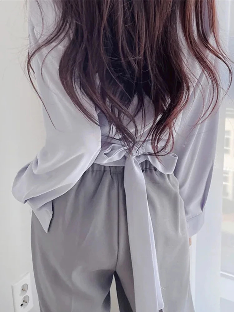 OIINAA Solid Shirts for Women Tops Vintage Long Sleeve Slim Chic Short Casual V-Neck Blouse Irregular Summer Fashion Korean Top 240823