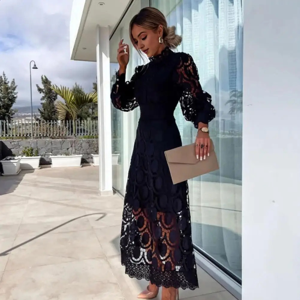 French inspired evening gown elegant lace maxi dress with bubble sleeves stand up collar womens hollow tight waist 240824