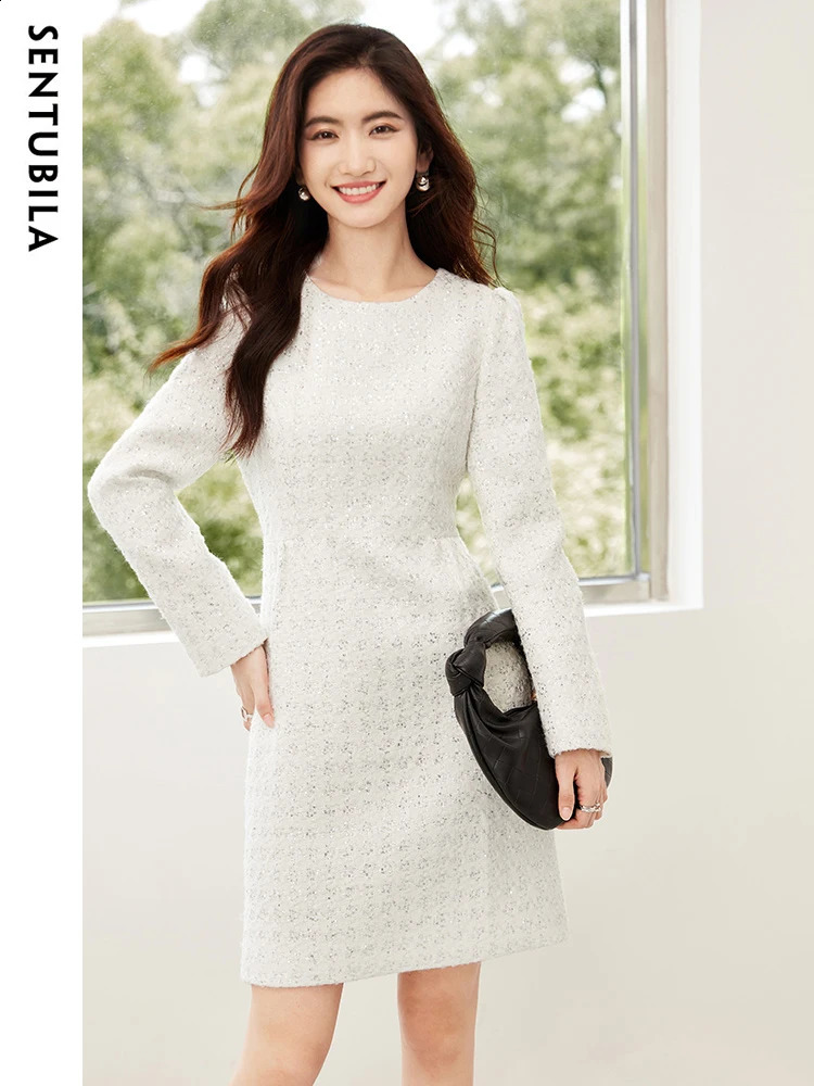 SENTUBILA Elegant Sequin Tweed Dresses Women O-Neck Fashion Knee Length Office Lady Long Sleeve Straight Dress Woman 134L52297 240824