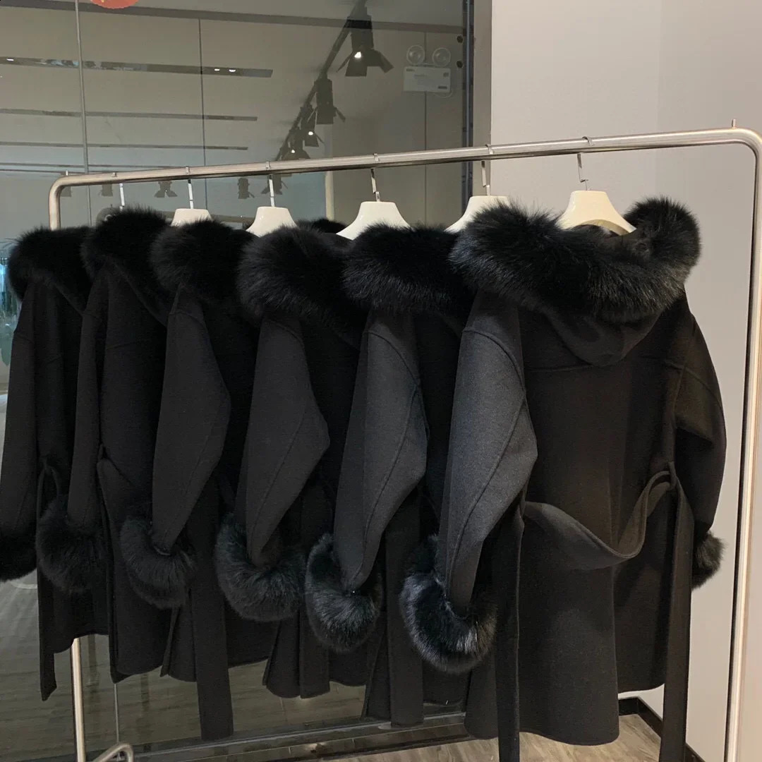 Korean hooded cashmere long coat with hood real fox fur hood decoration womens warm big coat womens hooded coat spring loose coat 240824