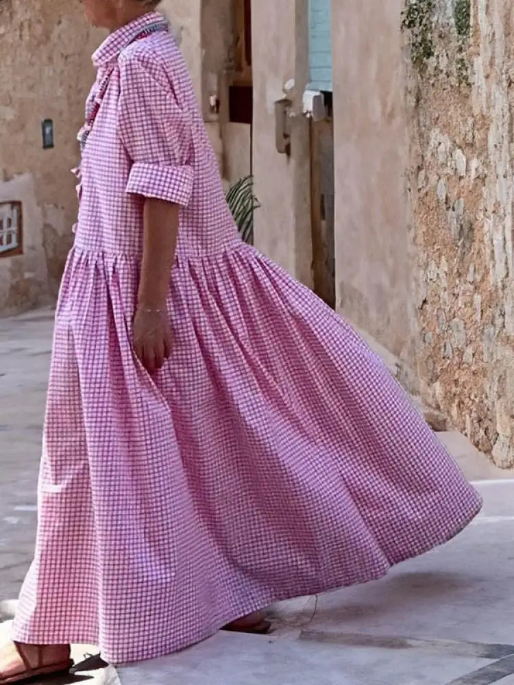 Yeezzi Women Korean Fashion Plaid Pleated Lapel Shirts Dress Spring Autumn Long Sleeve Loose Button Casual Maxi Dresses 240824