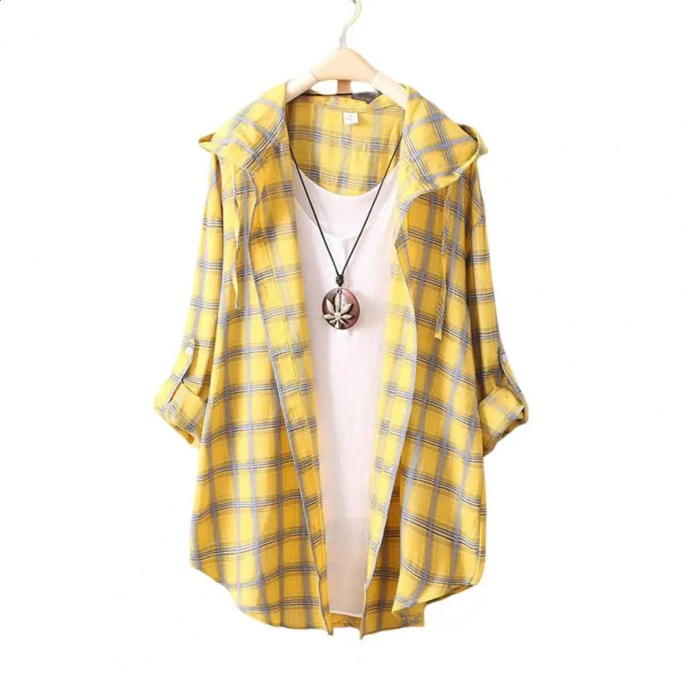 Hooded Roll-up Sleeve Sun Protection Women Cardigan Summer Open Front Plaid Printed Sunscreen Shirt Female Clothing 240823
