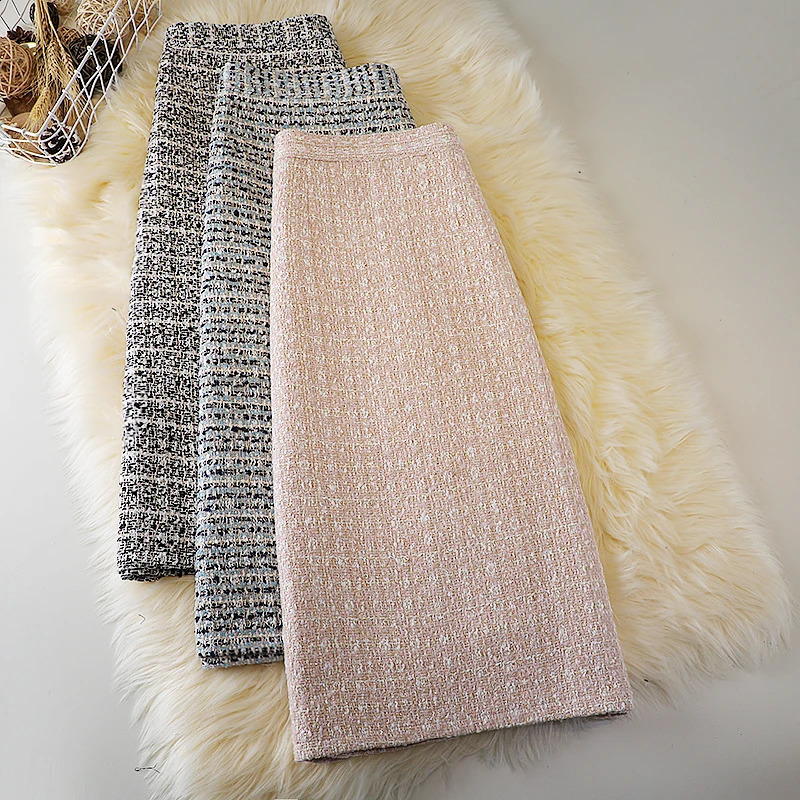 high waisted thick tweed womens celebrity long dress elegant Aline buckle fashionable split flared skirt Spring 240823