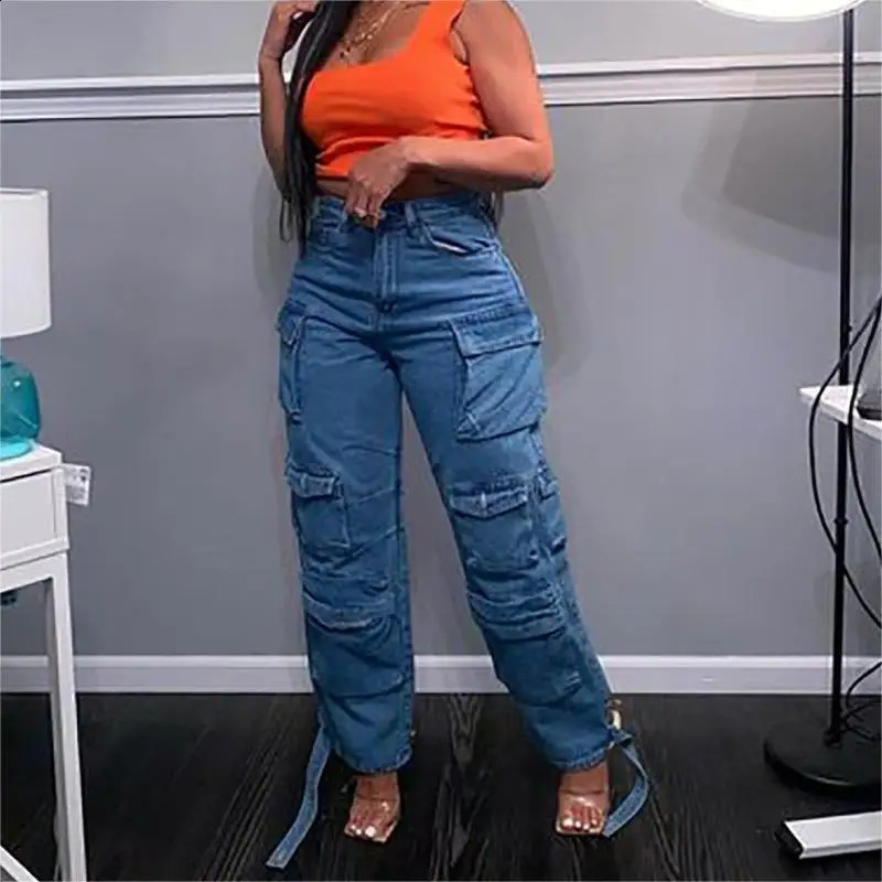 Womens denim jeans washing patch work cargo pants pocket mid waist zipper flight winter light stretch high street loose 240823