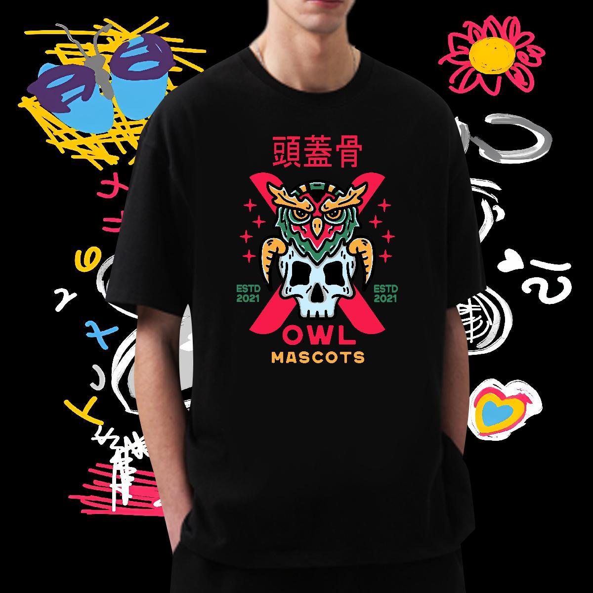 Comfortable Men T Shirts 230g Pure Cotton skull Street Wear Floral Print Breathable Tshirts Classic Casual Tees