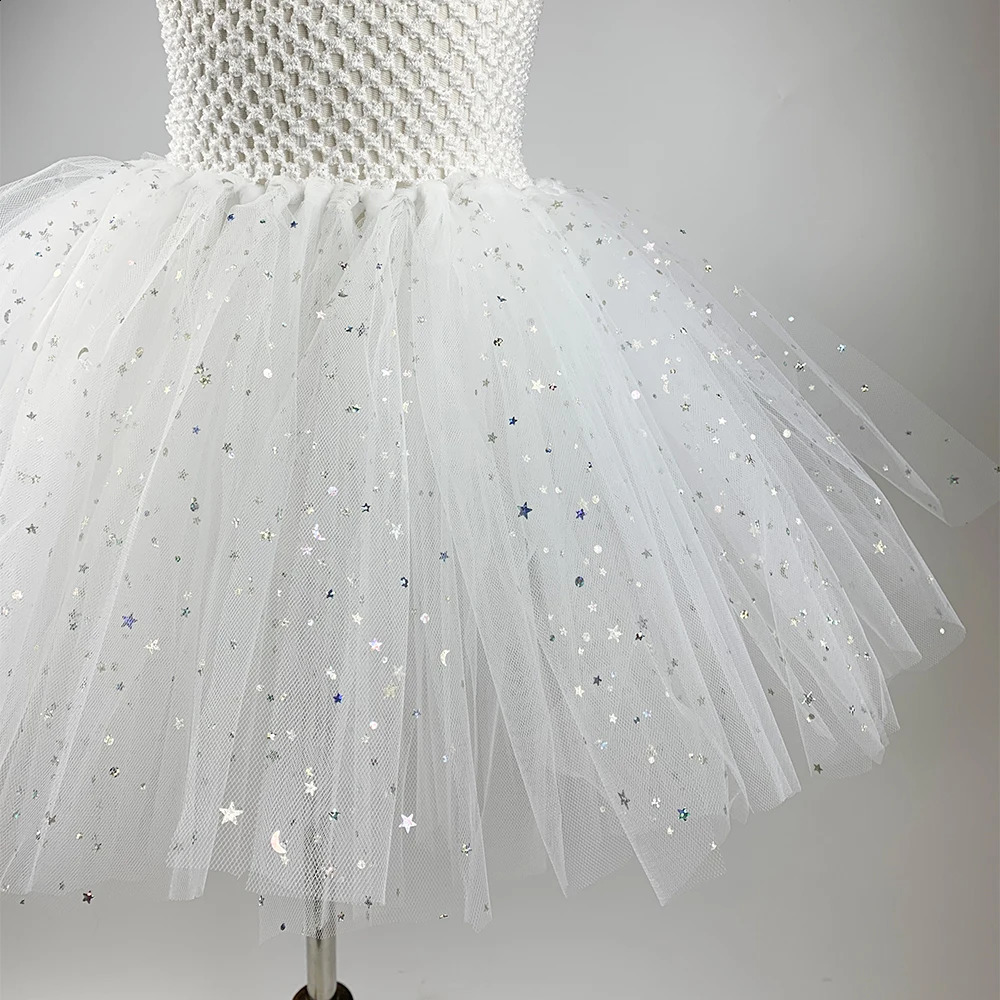 Sparkling angel dress childrens Christmas fairy costume white chiffon princess birthday party 240823