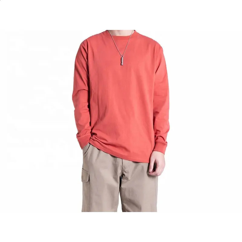 American ultrafine cotton long sleeved round neck loose mens pure white bottom shirt 240823