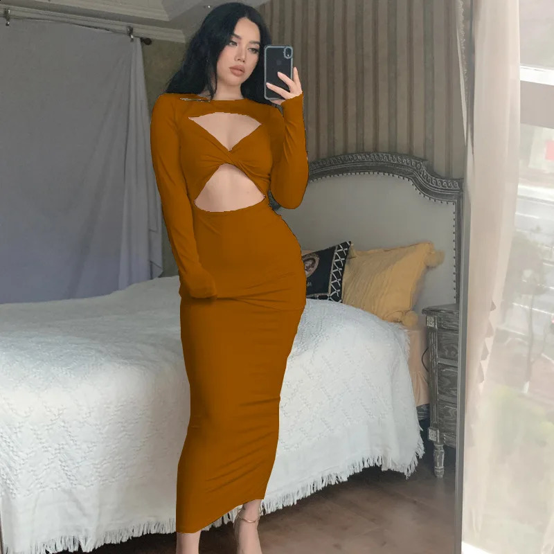 Womens autumn solid color round neck hollow sexy slim long sleeve dress 240823