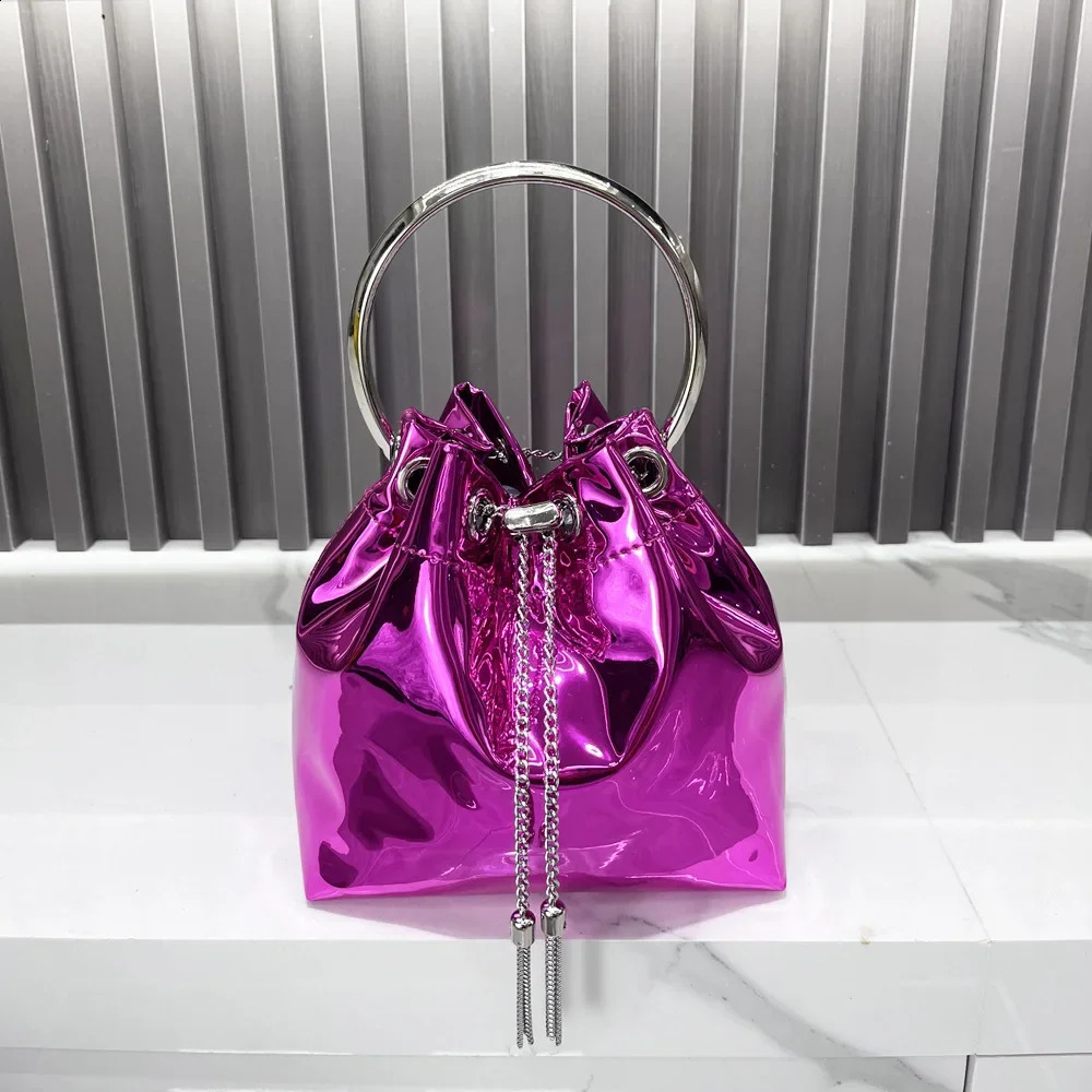 Gold Silver Rose red Glossy Drawstring Bucket Bag For Women Fashion Round Circle Pu Handbags Wedding Party Clutch Shoulder Bag 240823