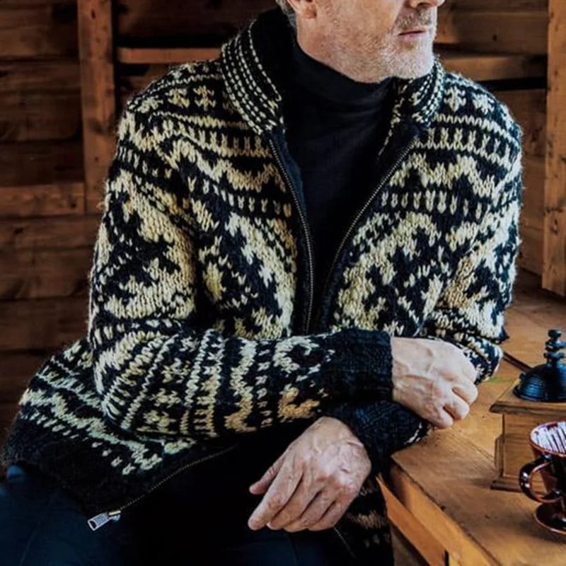 Mens cardigan sweater autumn and winter mens jacquard knitted jacket lapel long sleeved casual fashionable 240824