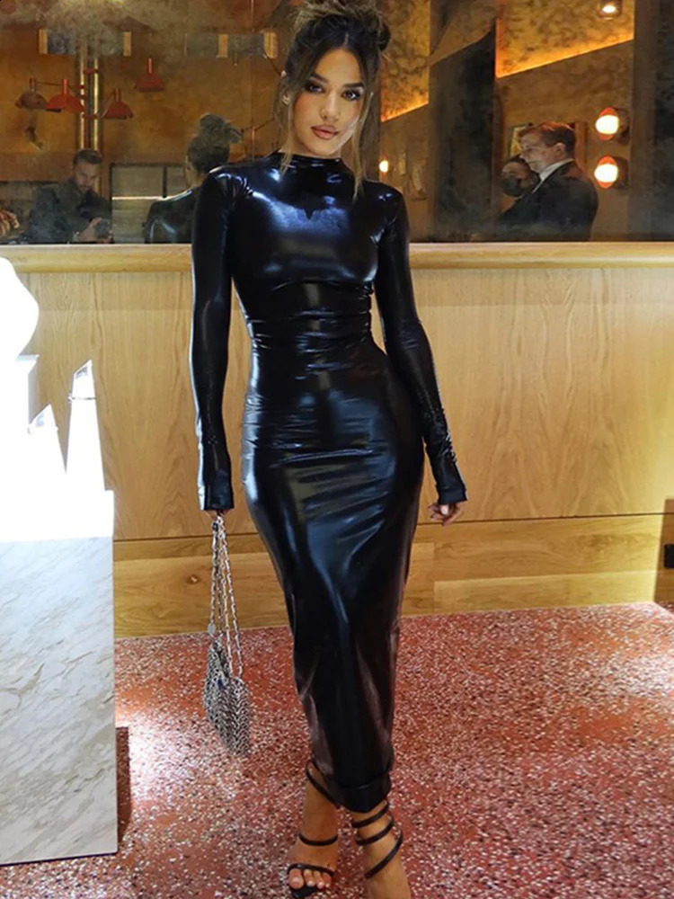 Sexy Hipster O-neck PU Leather Dress Women Fashion Streetwear Long Sleeve Party Dresses Woman Bodycon Birthday Dress Female Robe 240823