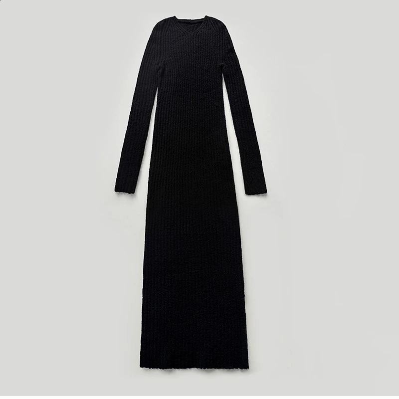 Autumn and Winter Tweed Yarn Wool V-neck Elastic Slim Long-sleeved Knitted Long Dress for Women 240824