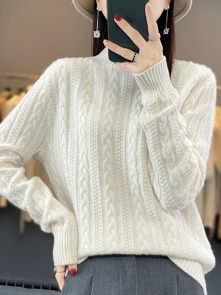 100% Wool Knitted Pullover Womens Semi-Turtleneck Long-sleeve Sweater Fashion Jacquard Warm Tops Thick Female Jacket Autumn 240824