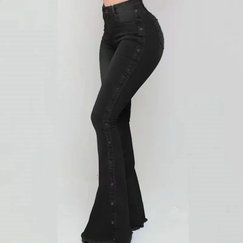 Fashionable side buckle decorative flange jeans womens wide leg Trouser high waisted daily casual chic streetwear 240823