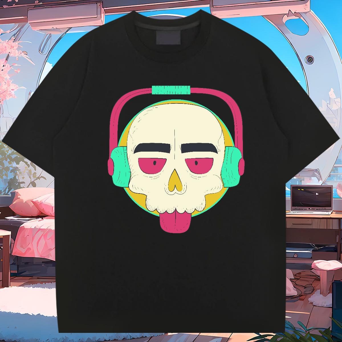 Loose Fit T-Shirts 230g Pure Cotton skull Street wear Hip Hop Cartoon Printing L-4XL Crew Neck Breathable Men Tops Tees DIY Customized Tees Shirts