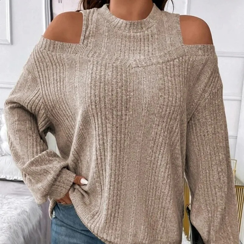Womens Autumn Winter Solid Round Neck Off Shoulder Paisley Flared Long Sleeve Sweater Knitted T-shirt Office Lady Loose Tops 240824