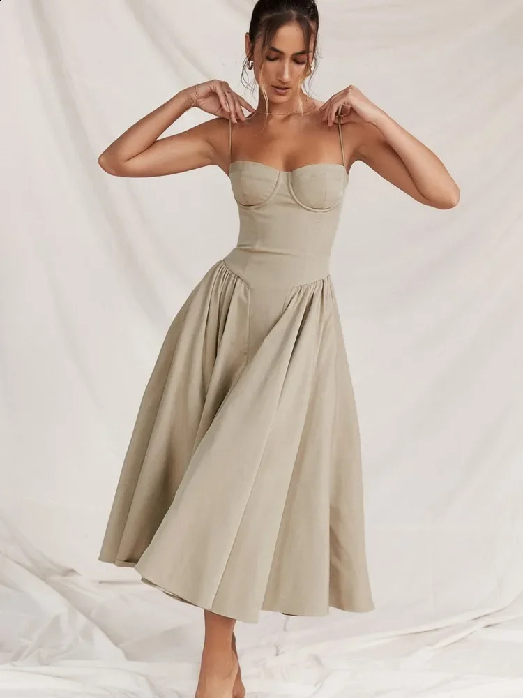 Elegant Solid Big Hem High Waist Maxi Sling Dress Women Sexy Sleeveless Backless Pockets Square Neck Dresses Lady Party Vestidos