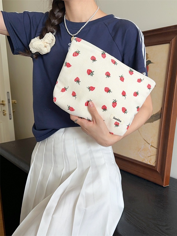 Fashionable corduroy strawberry printed large capacity casual shoulder bag