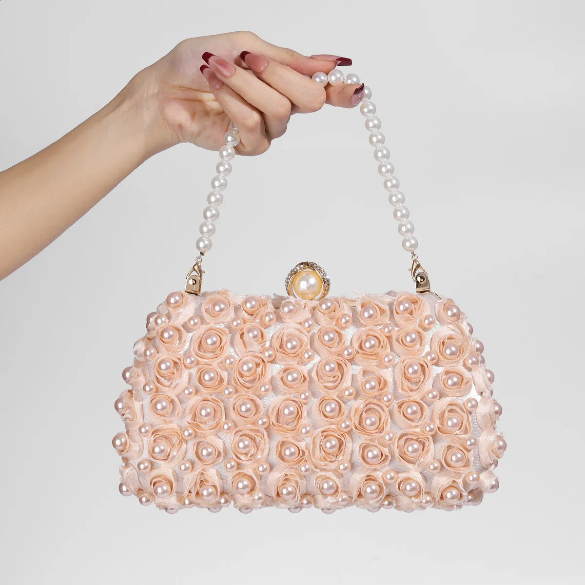Fashion Champagne Pearl Rose flower Clutches Evening Bag For Women Chain Handbags Wedding Party Shoulder Bag Fine Trendy Clutch 240823