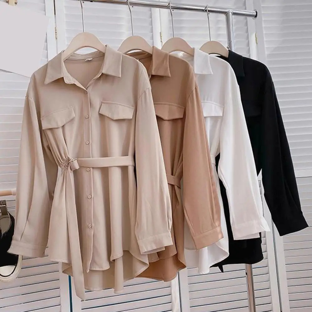 Women Shirt Lapel Long Sleeves Buttons Placket Flap Pocket Women Shirt Pleated Elastic Waist Belt All-Match Shirt camisas 240823