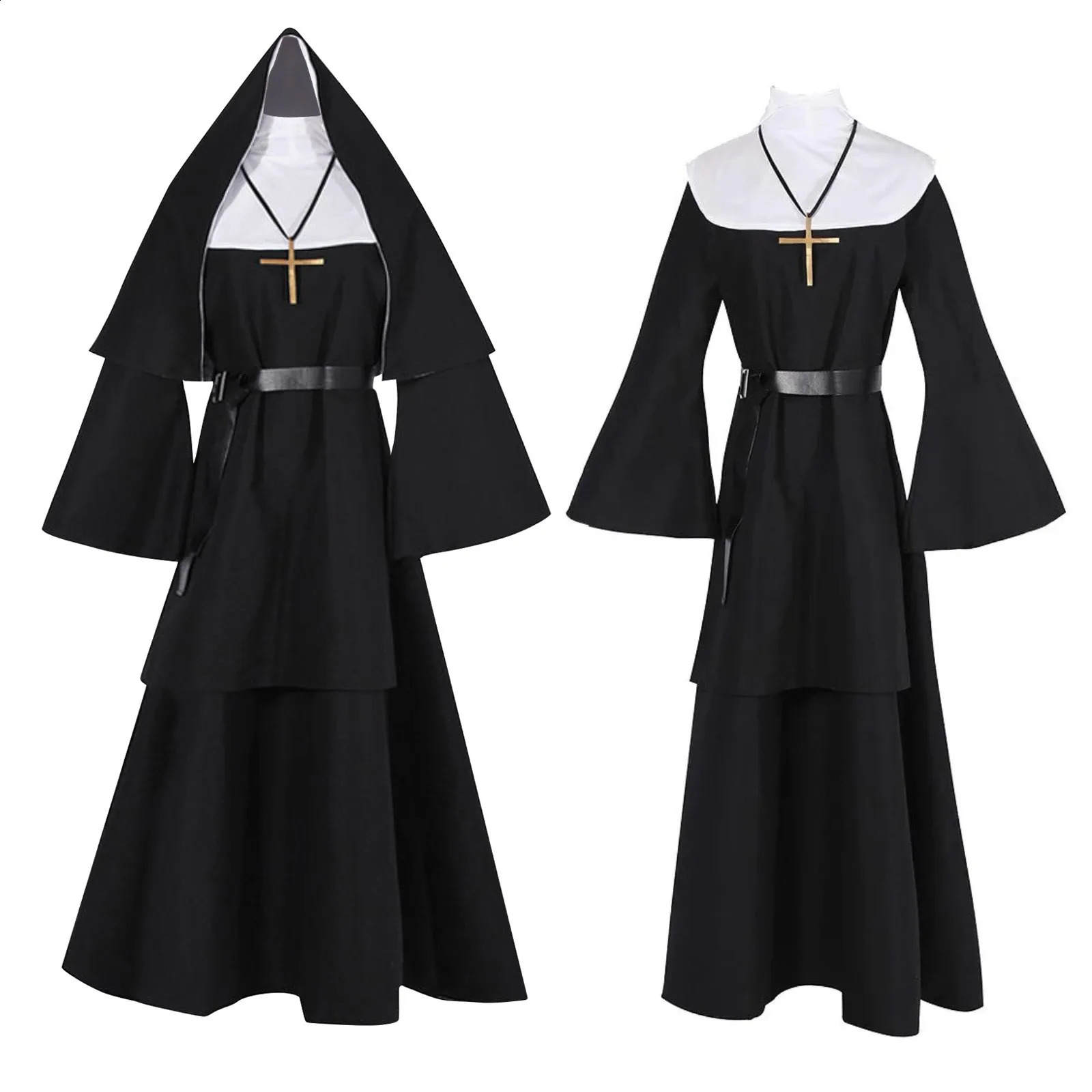 Halloween Nun cosplay costume set of 4 with Cape Town necklace classic trend used for makeup party gifts 240823