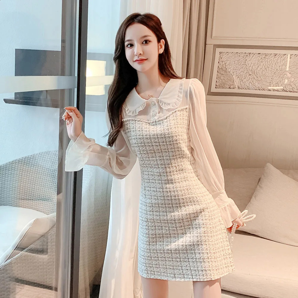 Fashion Sweet Pink Dress Womens Long Sleeve Tweed Mesh Long Sleeve Dresses Autumn Winter Polka Dot Pearl Office Work Vesitdos 240824