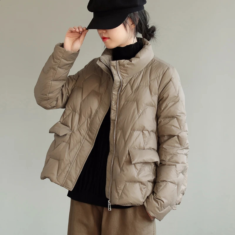 Janveny Ultra Light Down Jacket Womens Winter Stand up Feather Puff Coat 90% White Duck Park Solid Color 240823