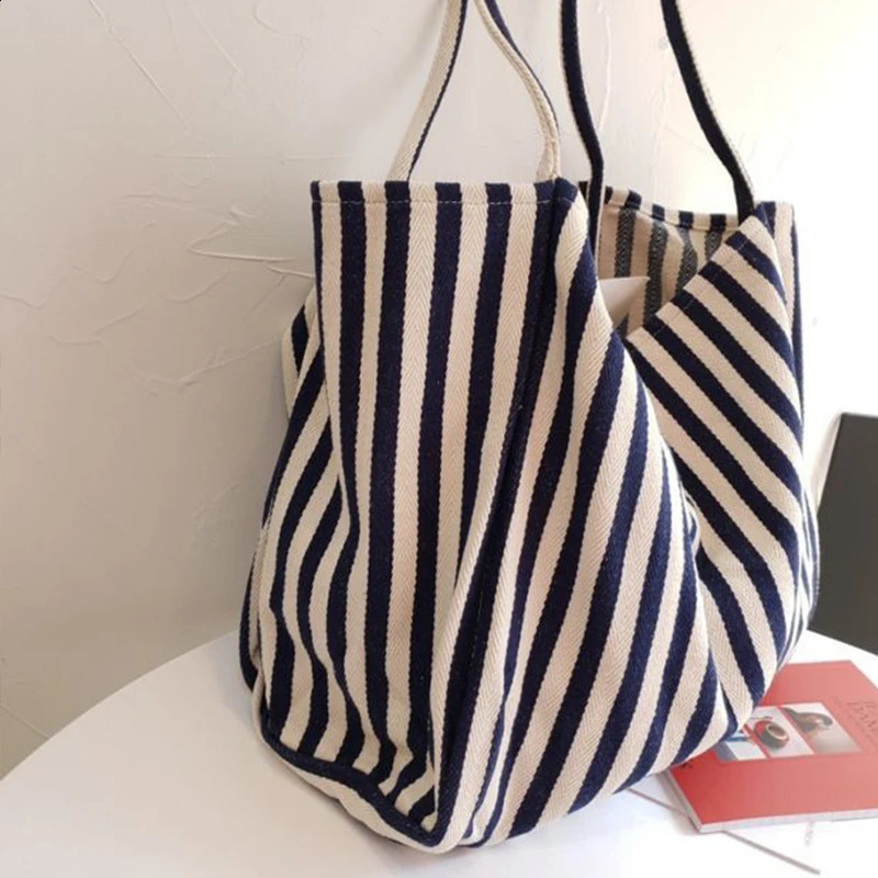 Large capacity canvas womens shopping bag simple striped shoulder casual multifunctional travel handbag 240823
