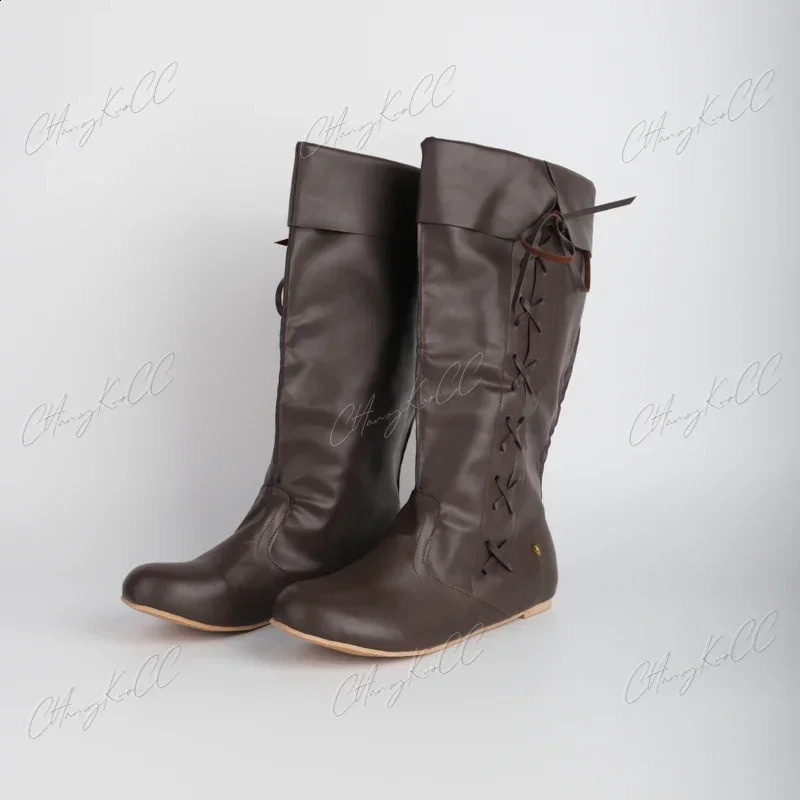 Renaissance medieval role-playing Gothic punk pirate prop shoes PULEATHER KNIGHT high boots mens paladin costume wizard 240823