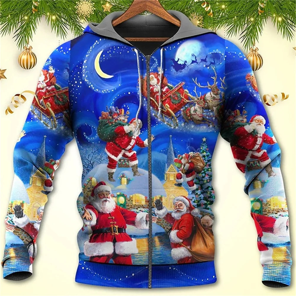 3d Christmas Festival Mens Zipper Hoodies Fashion Santa Claus Clothes For Men Clothing Oversized Tops Long Sleeve Sweatshirt 240823