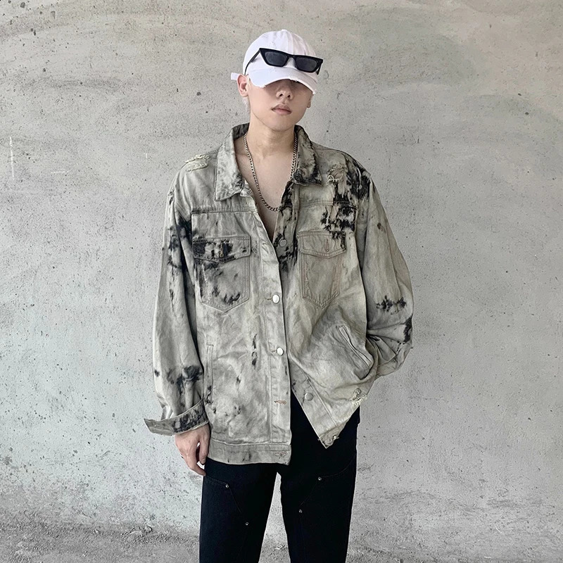 Men Streetwear Vintage Denim Jacket Tie Dyed Washed Distressed Pocket Jacket Jeans Harajuku Loose Bomber Jacket Coat Cotton 240823