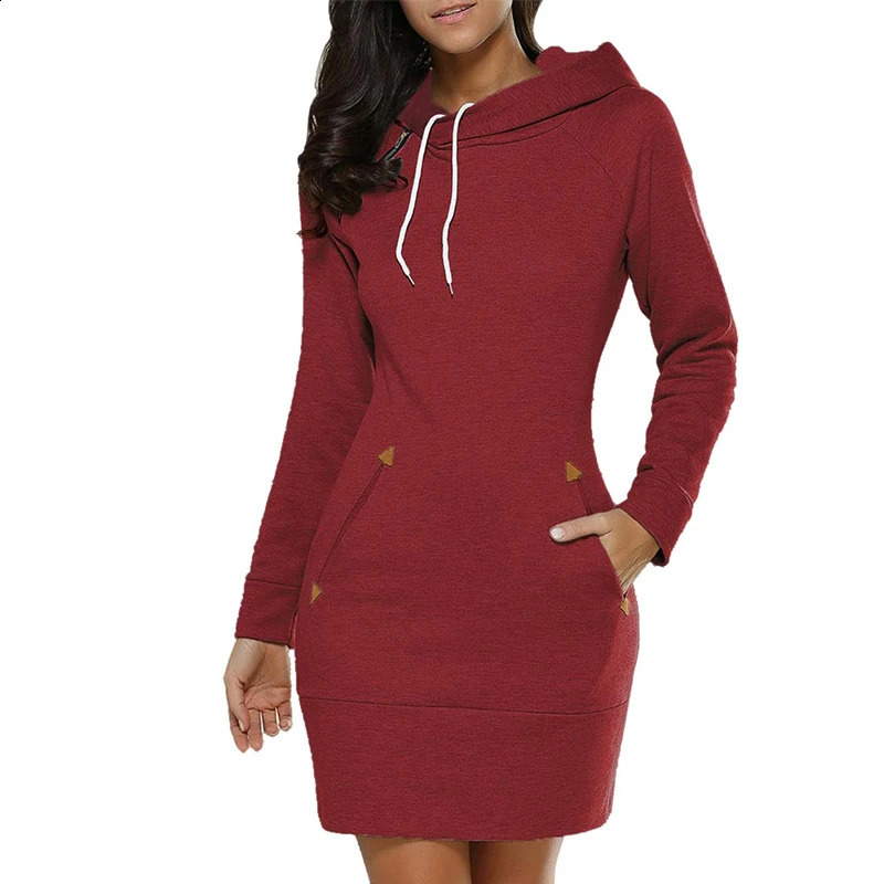 Women Knee-Length Pockets Dress Hooded Warm Sweat Shirt Long Sleeve Side Zip Neckline Simple Casual Sports Skirt 240823