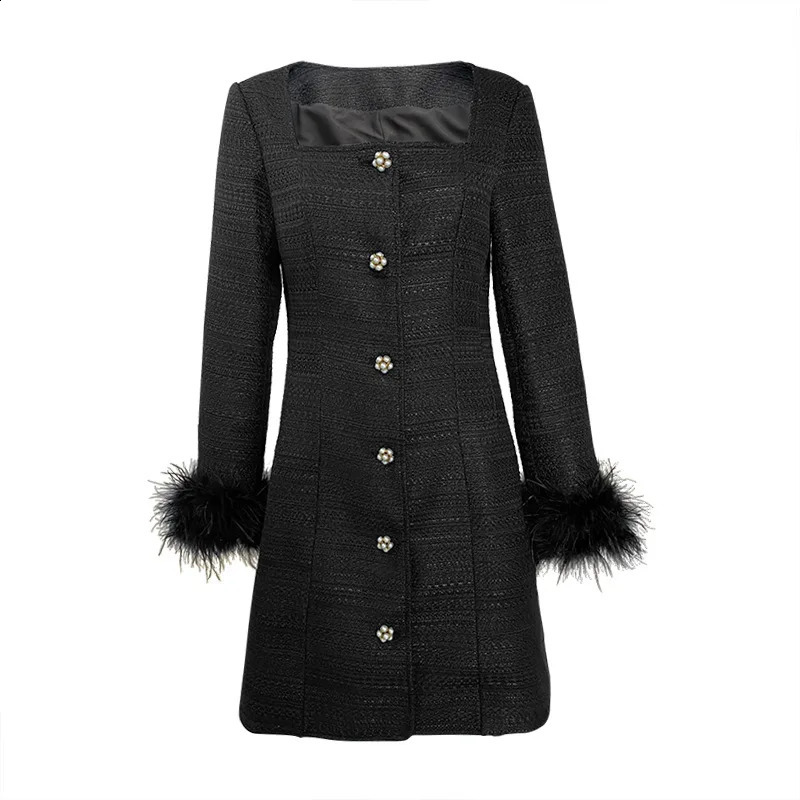 est Lady Elegant Tweed Wear Sexy Square Neckline Single-breasted Feathers Long Sleeve Wome Short Mini Black Dress 240824