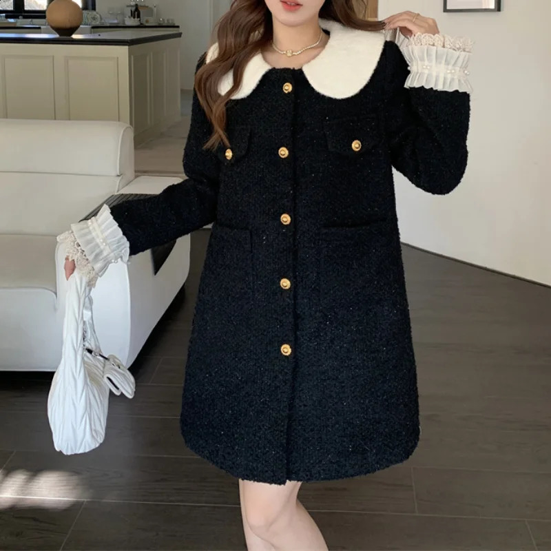 Tweed Doll Collar Loose Patchwork Dress Women Small Fragrance Thick Warm Elegant Chic Fashion French Female Long Sleeve Dress 240824