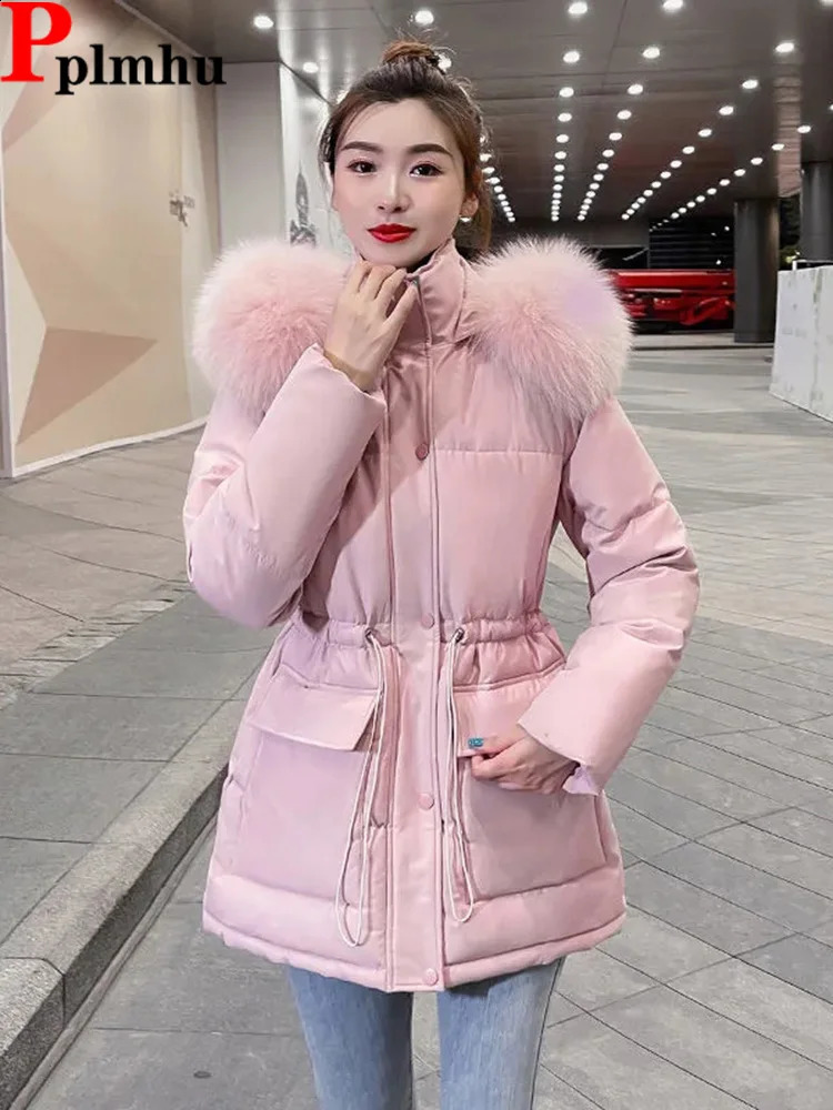 Winter Slim Pink Padded Coat Faux Fur Collar Hooded Parkas Korean Big Size Cotton Jaqueta Waist Drawstring Midi Lenght Jackets 240823