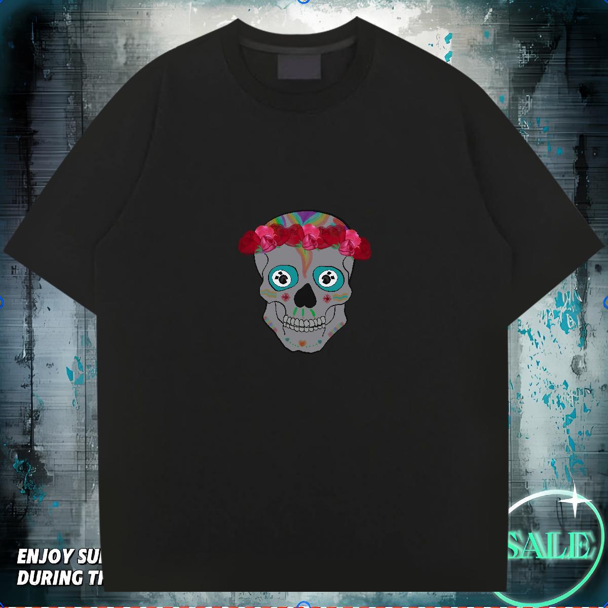 Cool T-Shirts for Men 230g 100% Cotton skull Street Floral Print Breathable Soft Tshirt for Man Woman Casual New Clothes