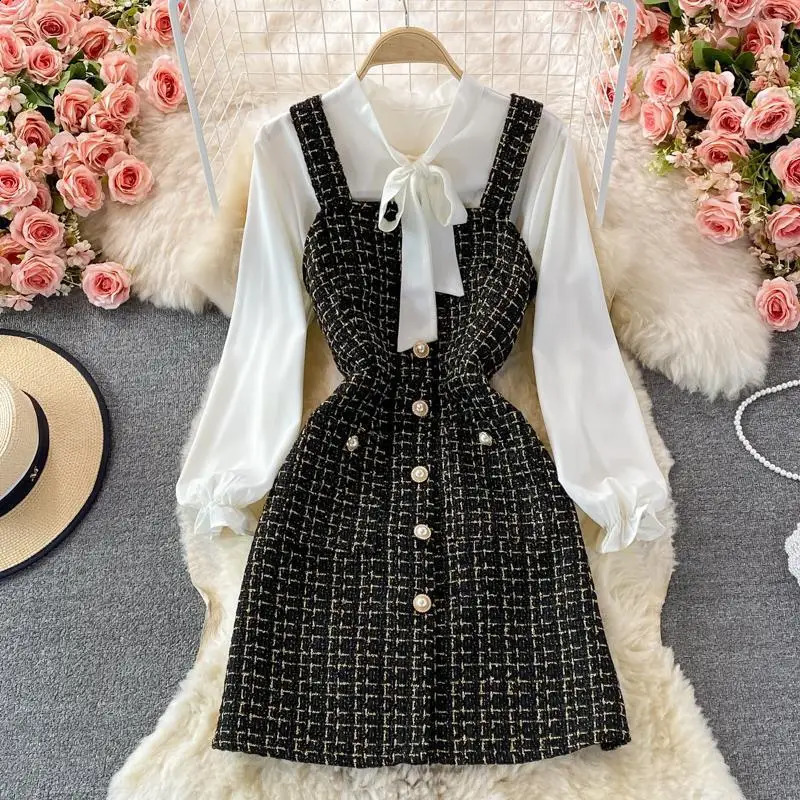 Elegant Chiffon Shirt Tweed Dress Sets Women Long Sleeve Lace Up Bow Shirts Vintage Sling Plaid Dresses Suits Oiffice Lady Y2k 240824