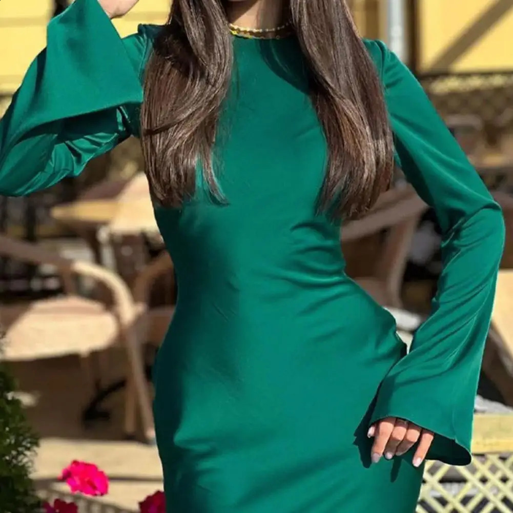 Spring Fall Women Dress Solid Color Round Neck Long Sleeve Maxi Dress Tight Waist Sheath Slim Fit Ankle Length Lady Dress 240823