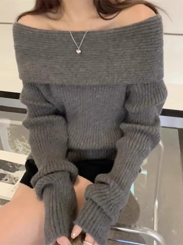 Harajuku Slash Neck Solid Sweaters Grunge Vintage Women Bottoming Pullovers Off Shoulder Y2k Aesthetic Casual Knitted Jumper 240824