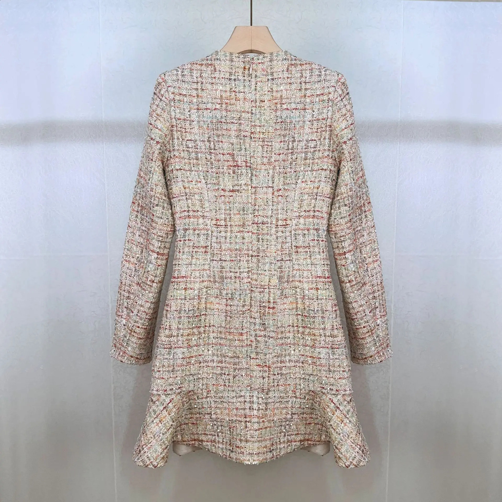 Women Colorful Tweed Dress Ruffles Spliced V-Neck Long Sleeve Single Breasted Elegant Autumn Mini Robe 240824