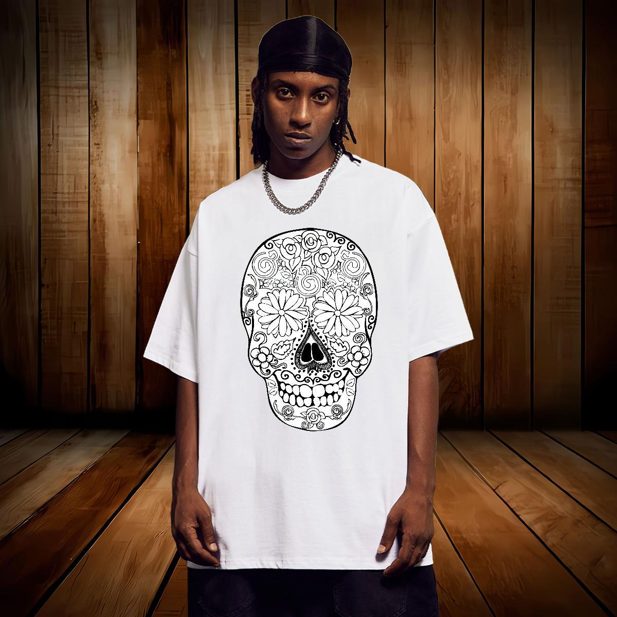 Loose T Shirts Men 230g Pure Cotton skull Casual Beach DIY Printed O Neck Short Sleeves Mens Tshirts Fashion Clothes