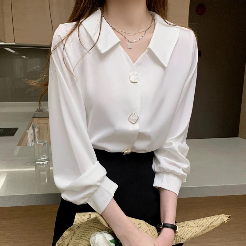 Autumn Womens Long Sleeved V-neck Vintage Lantern Sleeve Solid Simple Versatile Chiffon Shirt Blouse Camisas Tops A524 240823